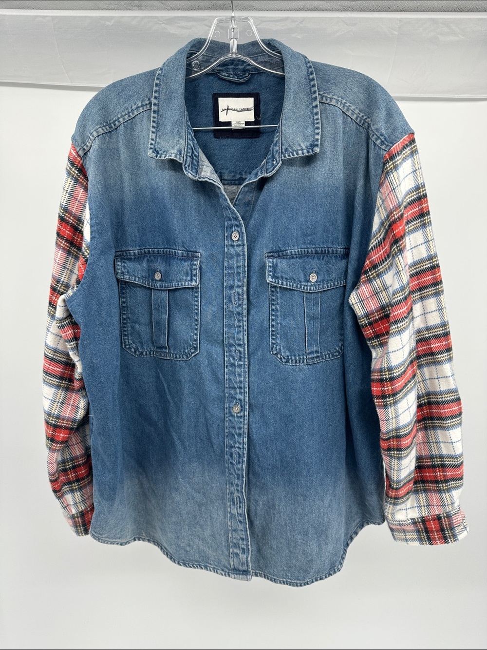 American Eagle Outfitters Blue Denim Shirt Jacket with Red Plaid Sleeves